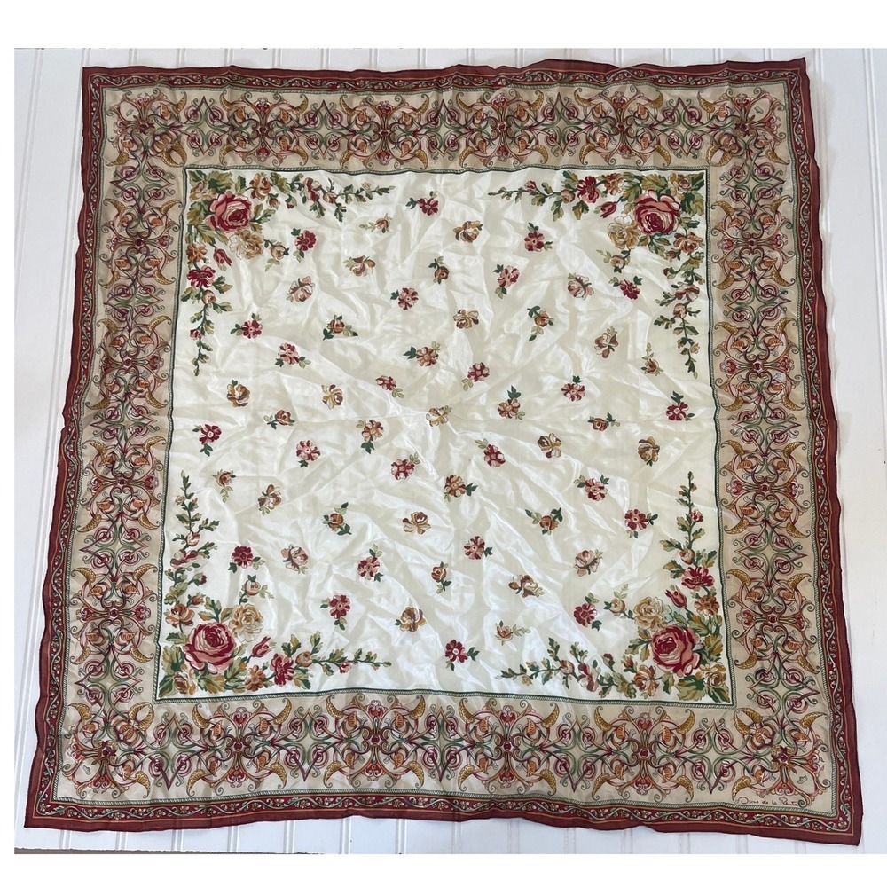 Oscar de la Renta Silk Scarf Floral Burgundy Cream Square Neck Head Scarf Granny